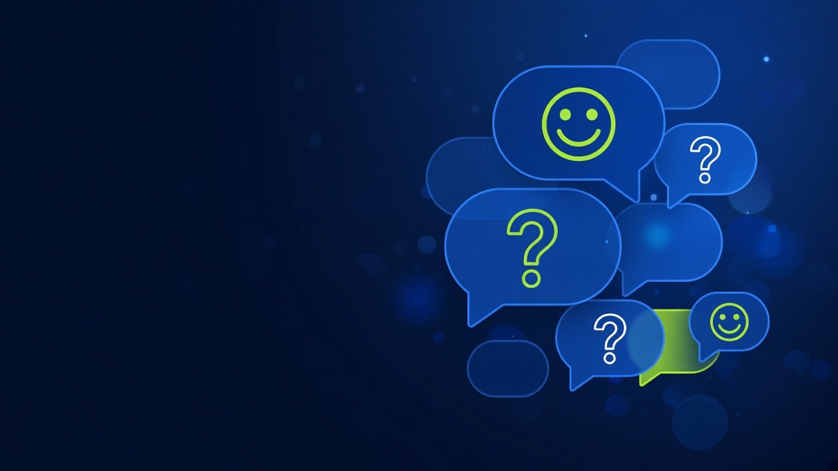 Ice breaker questions floating as chat bubbles over a video call